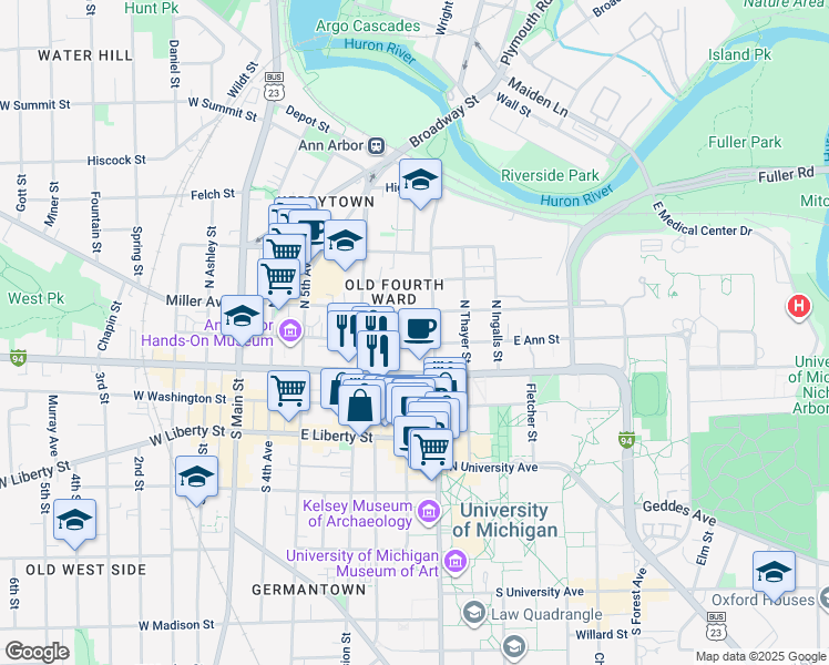 map of restaurants, bars, coffee shops, grocery stores, and more near 607 East Ann Street in Ann Arbor