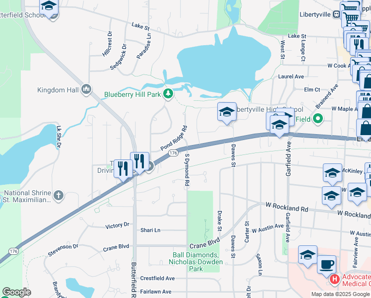 map of restaurants, bars, coffee shops, grocery stores, and more near West Park Avenue in Libertyville