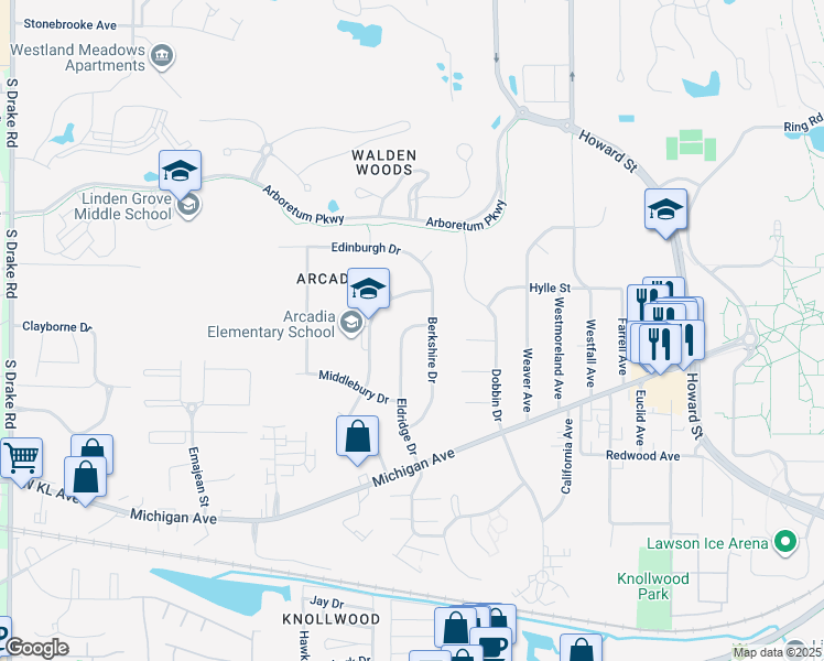 map of restaurants, bars, coffee shops, grocery stores, and more near 949 Eldridge Drive in Kalamazoo