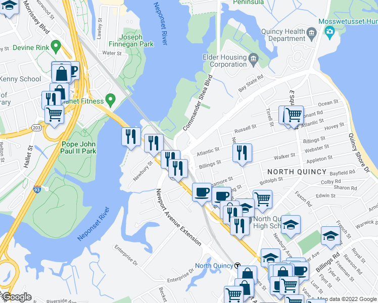 map of restaurants, bars, coffee shops, grocery stores, and more near 1 Billings Street in Quincy