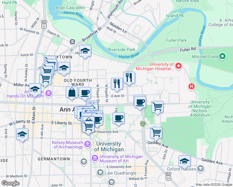 map of restaurants, bars, coffee shops, grocery stores, and more near 927 East Ann Street in Ann Arbor