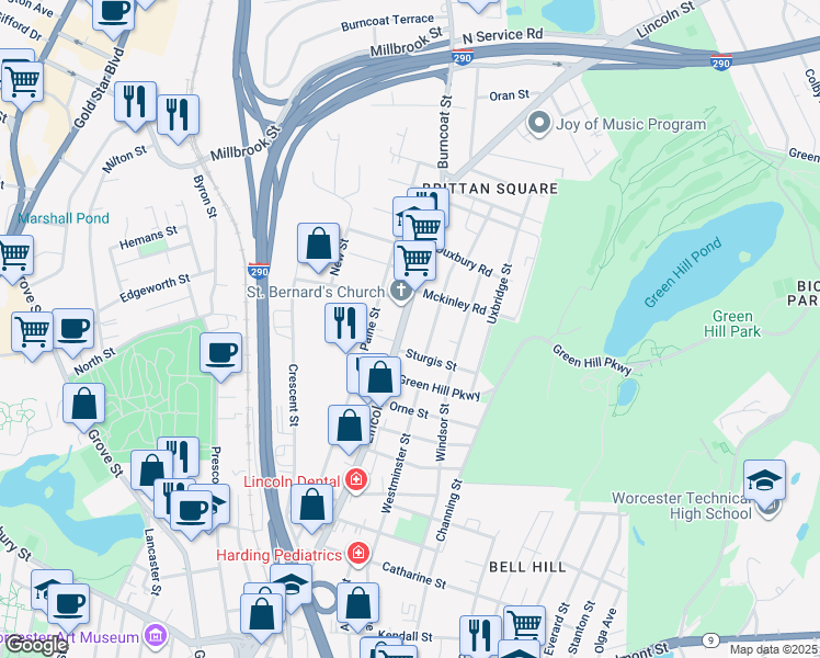 map of restaurants, bars, coffee shops, grocery stores, and more near in Worcester