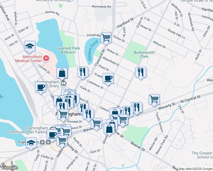 map of restaurants, bars, coffee shops, grocery stores, and more near 124 Grant Street in Framingham