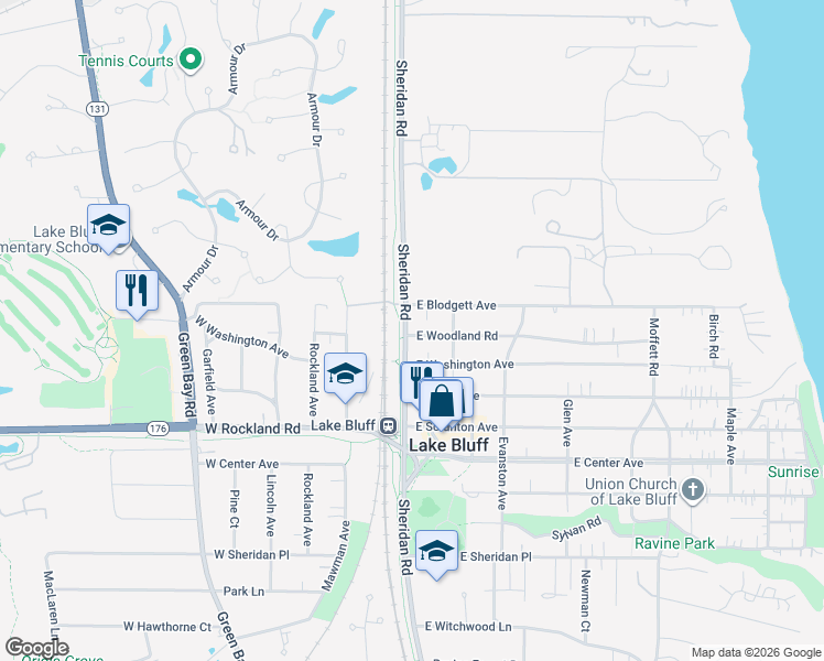 map of restaurants, bars, coffee shops, grocery stores, and more near 713 Sheridan Road in Lake Bluff