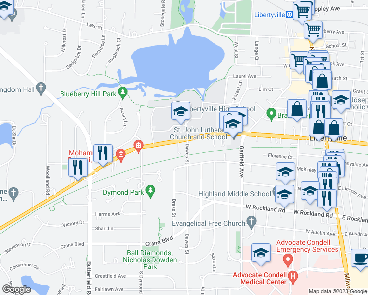 map of restaurants, bars, coffee shops, grocery stores, and more near 705 West Park Avenue in Libertyville