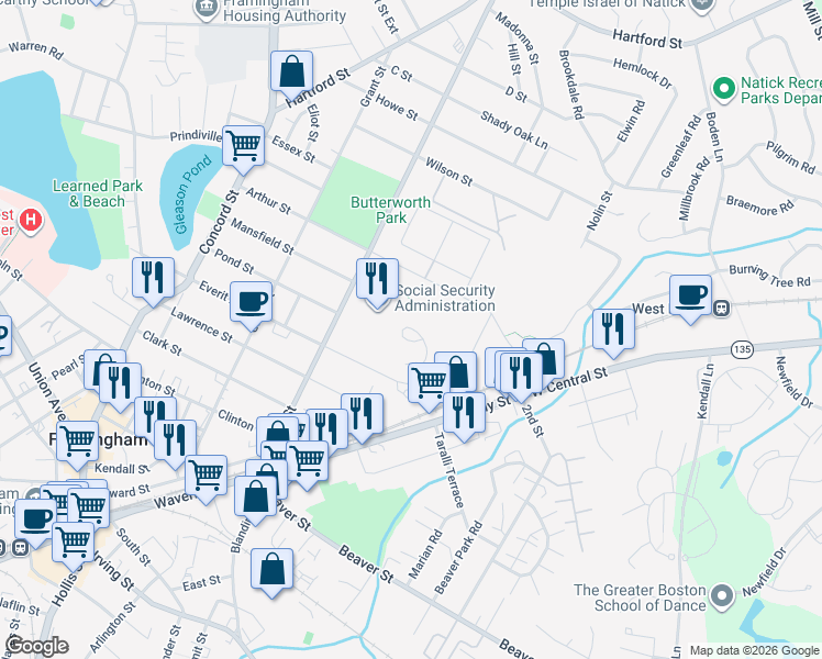 map of restaurants, bars, coffee shops, grocery stores, and more near 13 Clarks Hill in Framingham
