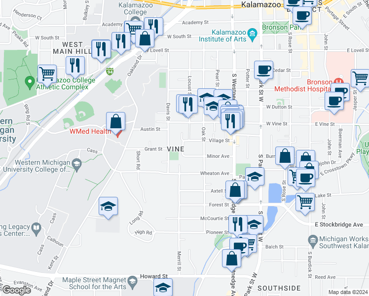 map of restaurants, bars, coffee shops, grocery stores, and more near 913 Village Street in Kalamazoo