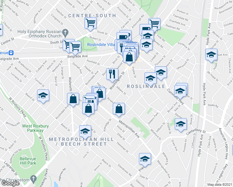 map of restaurants, bars, coffee shops, grocery stores, and more near 47 Cliftondale St in Boston