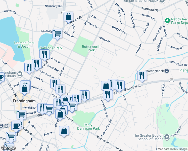map of restaurants, bars, coffee shops, grocery stores, and more near 47 Clarks Hill in Framingham