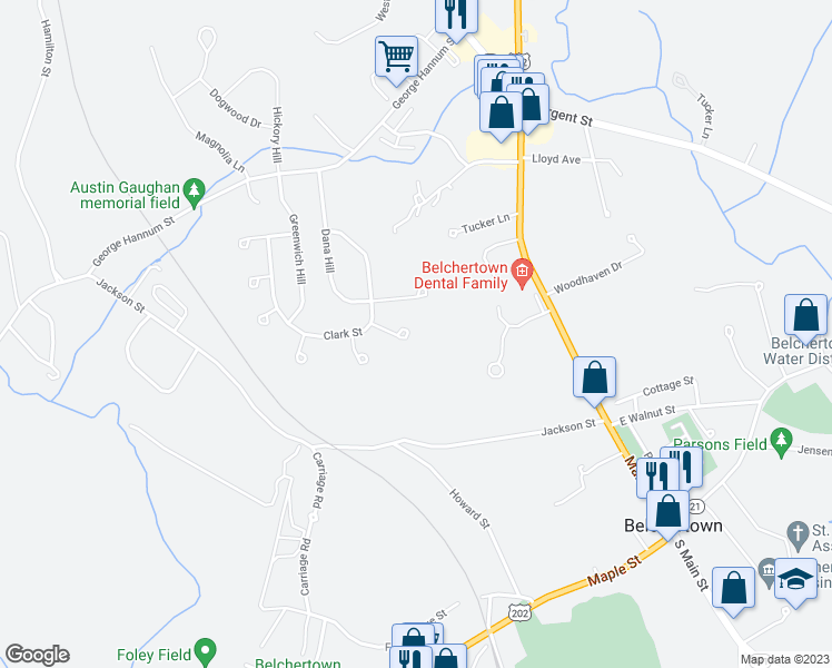 map of restaurants, bars, coffee shops, grocery stores, and more near 16 Newton St in Belchertown