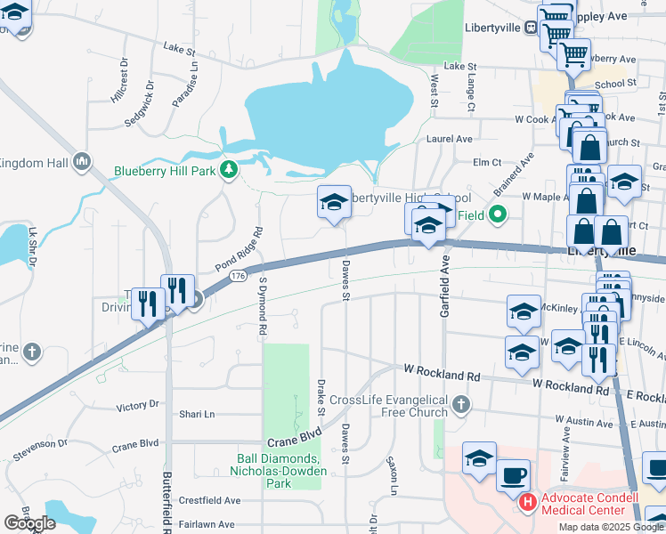 map of restaurants, bars, coffee shops, grocery stores, and more near 709 West Park Avenue in Libertyville