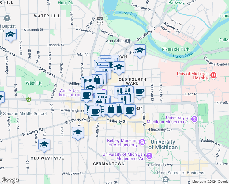 map of restaurants, bars, coffee shops, grocery stores, and more near 321 East Ann Street in Ann Arbor