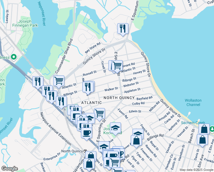 map of restaurants, bars, coffee shops, grocery stores, and more near 62 Walker Street in Quincy