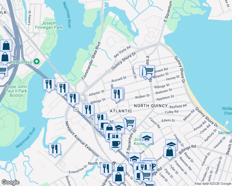 map of restaurants, bars, coffee shops, grocery stores, and more near 47 Newbury Avenue in Quincy