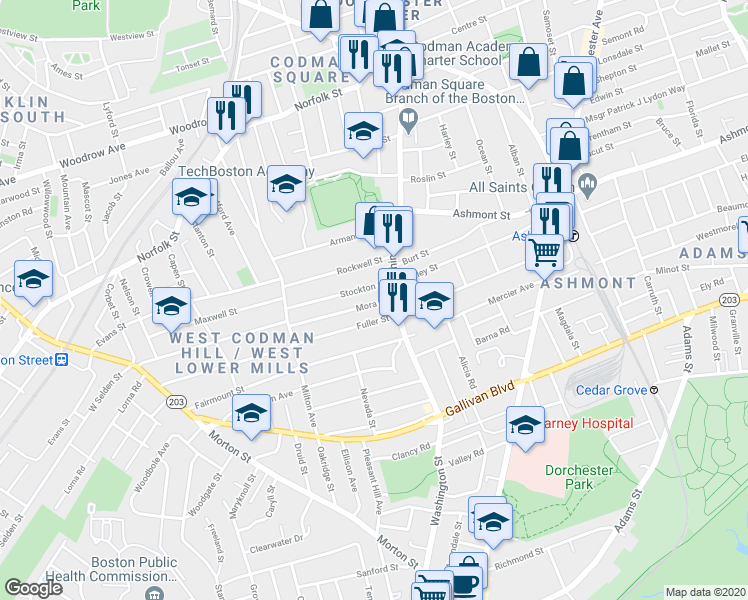 map of restaurants, bars, coffee shops, grocery stores, and more near 44 Mora Street in Boston