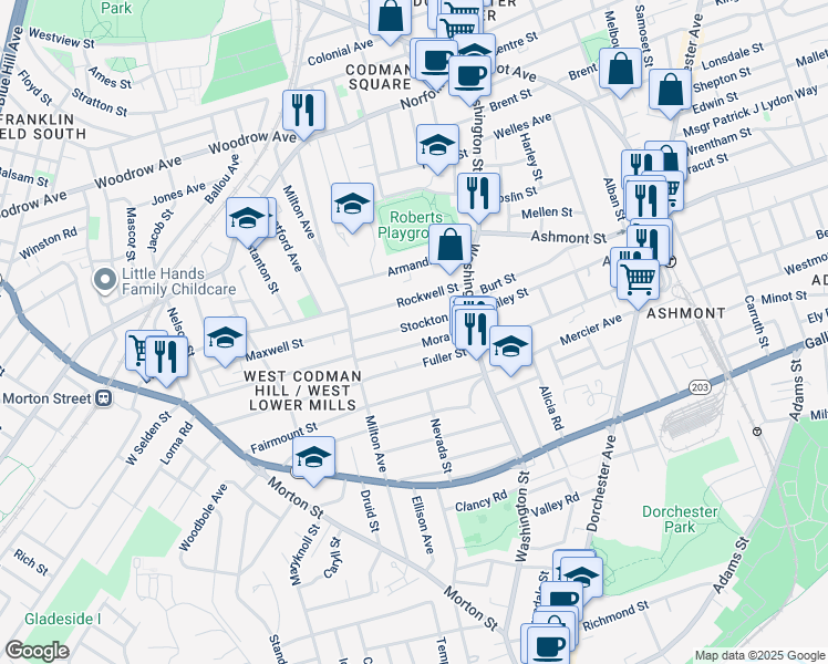 map of restaurants, bars, coffee shops, grocery stores, and more near 44 Mora Street in Boston