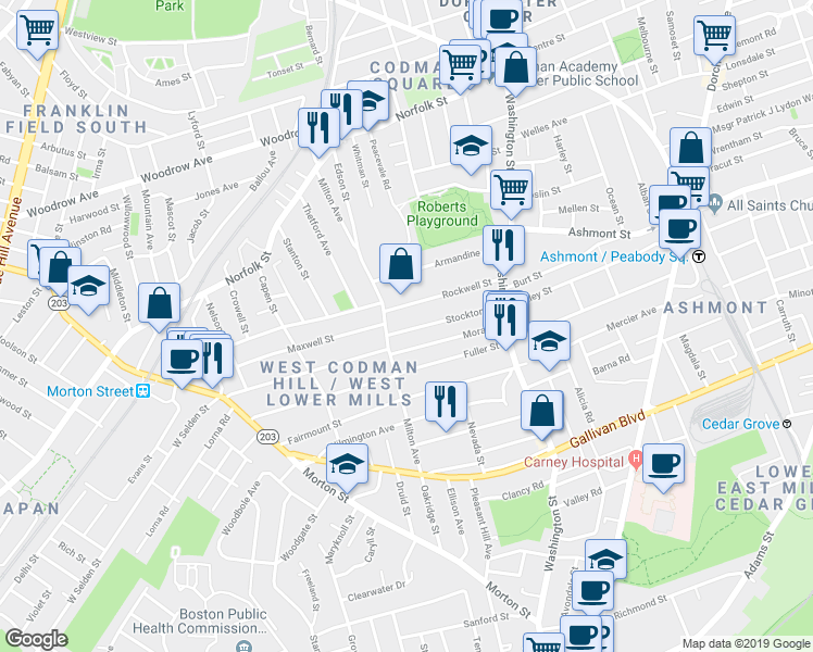 map of restaurants, bars, coffee shops, grocery stores, and more near 104 Milton Avenue in Boston