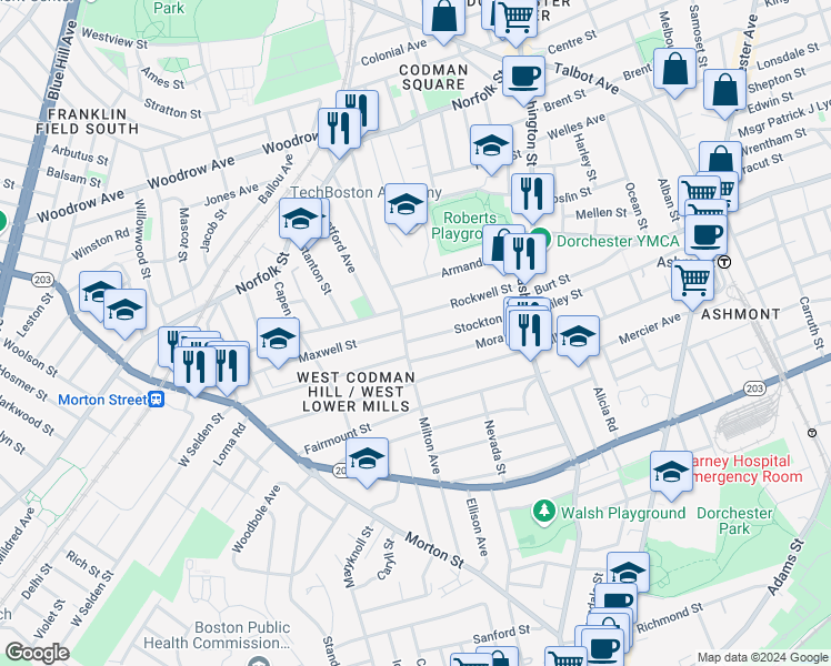 map of restaurants, bars, coffee shops, grocery stores, and more near 104 Milton Avenue in Boston
