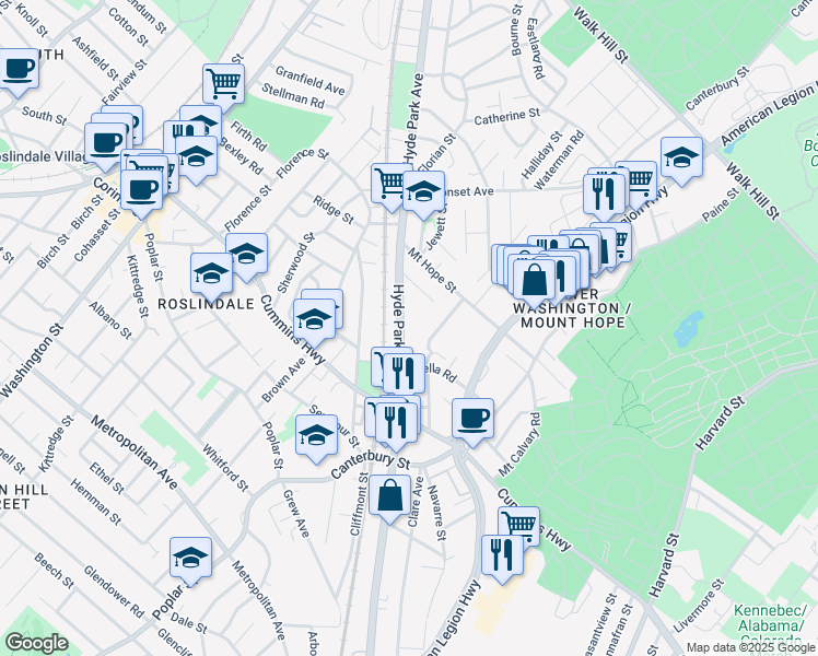 map of restaurants, bars, coffee shops, grocery stores, and more near 56A Harding Road in Boston