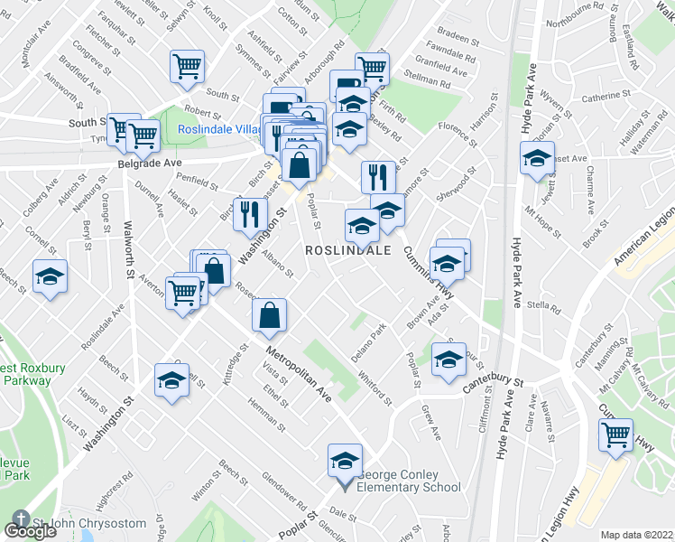 map of restaurants, bars, coffee shops, grocery stores, and more near 204 Poplar Street in Boston