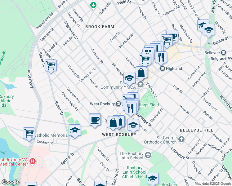 map of restaurants, bars, coffee shops, grocery stores, and more near 461 Lagrange Street in Boston