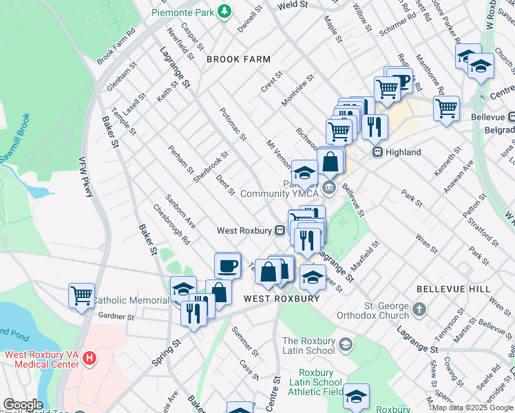 map of restaurants, bars, coffee shops, grocery stores, and more near 31 Dent Street in Boston