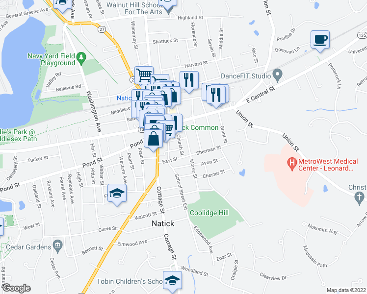 map of restaurants, bars, coffee shops, grocery stores, and more near 25 Morse Street in Natick