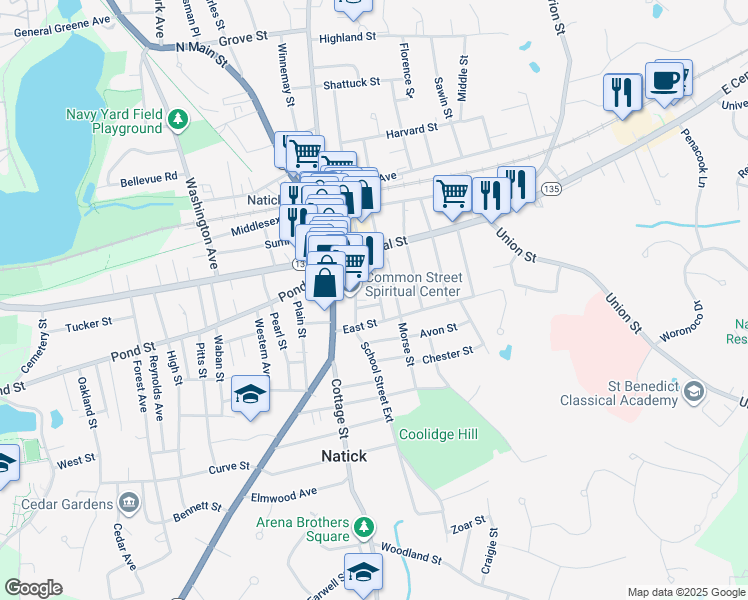map of restaurants, bars, coffee shops, grocery stores, and more near 16 School Street in Natick