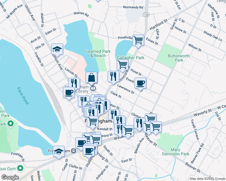 map of restaurants, bars, coffee shops, grocery stores, and more near 27 Clark Street in Framingham