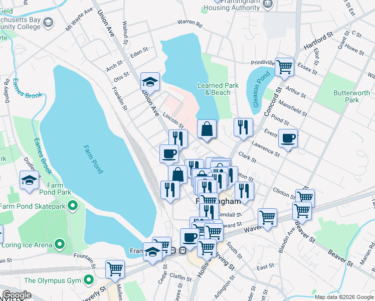 map of restaurants, bars, coffee shops, grocery stores, and more near 154 Union Avenue in Framingham