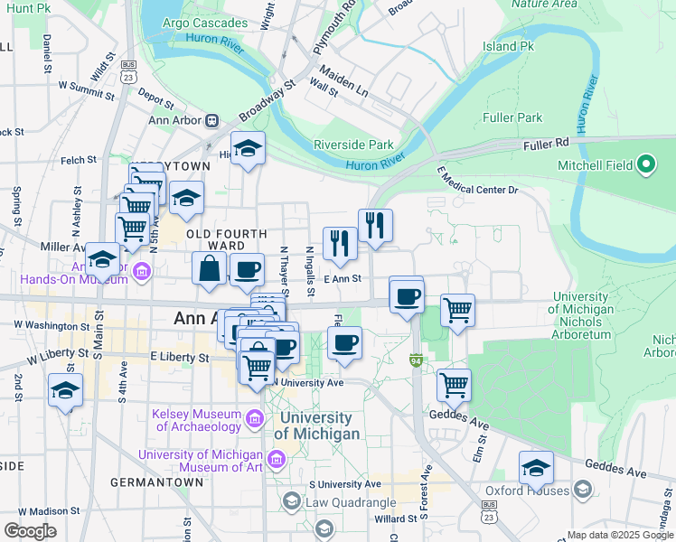 map of restaurants, bars, coffee shops, grocery stores, and more near 920 East Ann Street in Ann Arbor