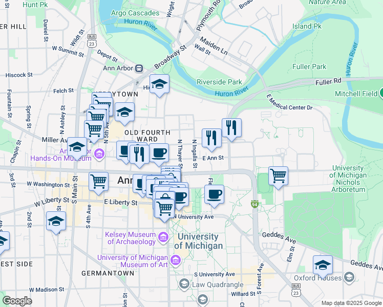 map of restaurants, bars, coffee shops, grocery stores, and more near 816 East Ann Street in Ann Arbor