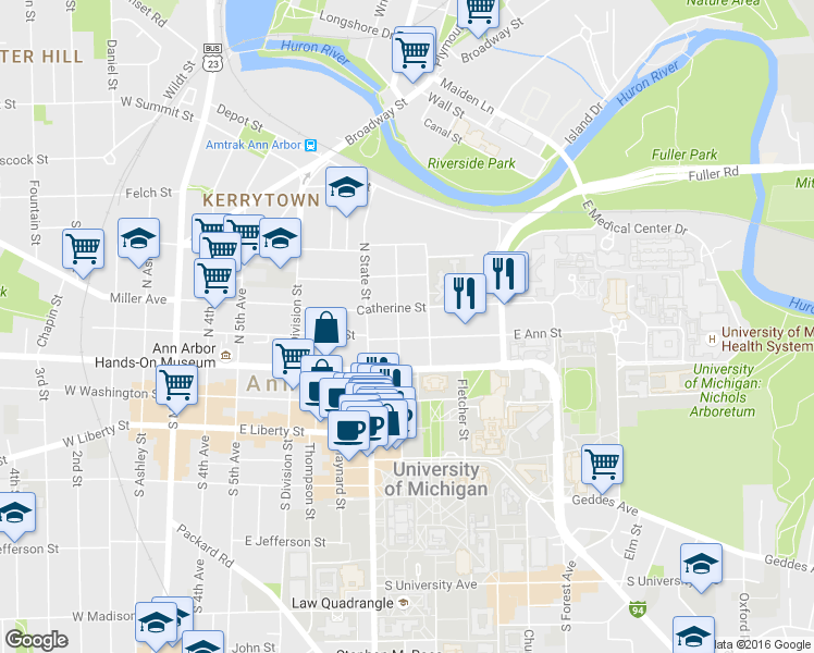 map of restaurants, bars, coffee shops, grocery stores, and more near 816 East Ann Street in Ann Arbor