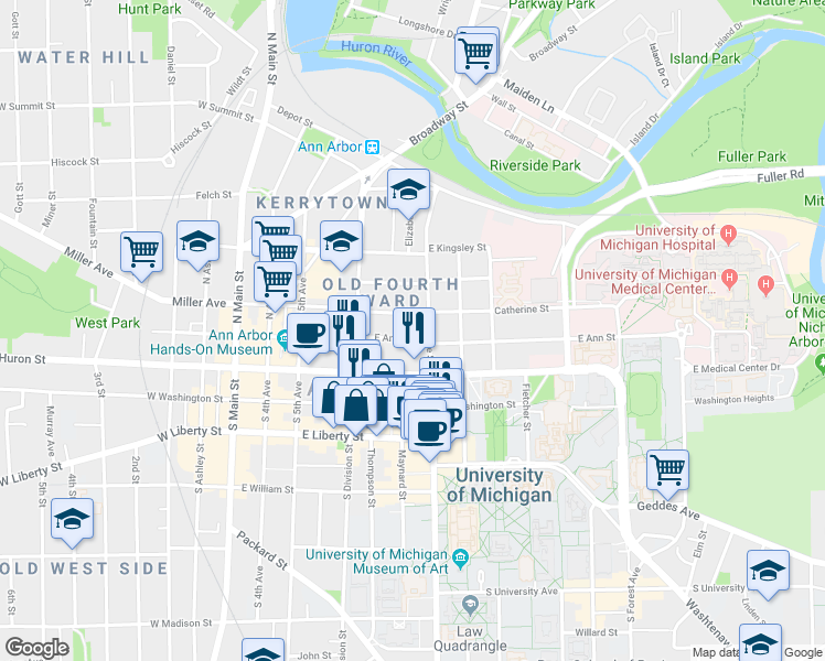 map of restaurants, bars, coffee shops, grocery stores, and more near 520 East Ann Street in Ann Arbor