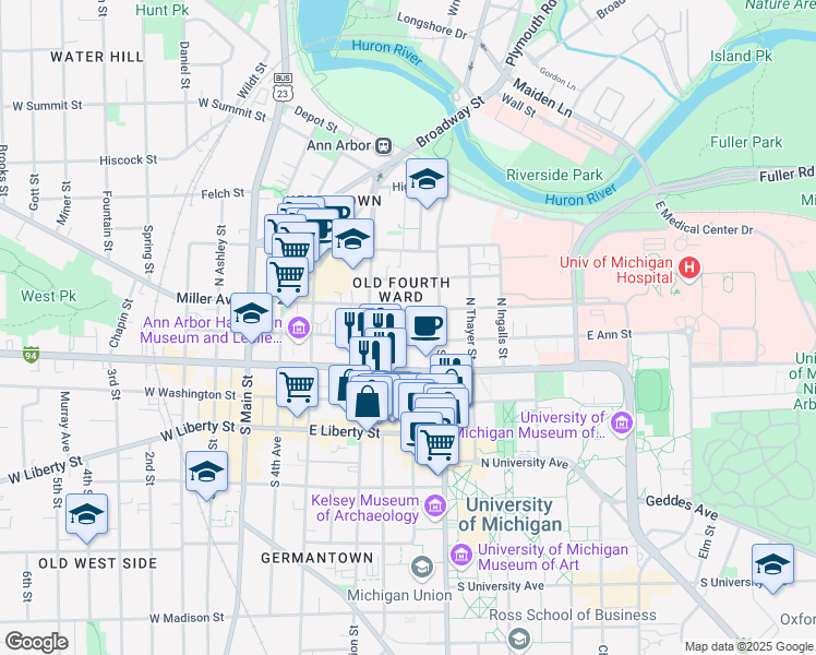 map of restaurants, bars, coffee shops, grocery stores, and more near 520 East Ann Street in Ann Arbor