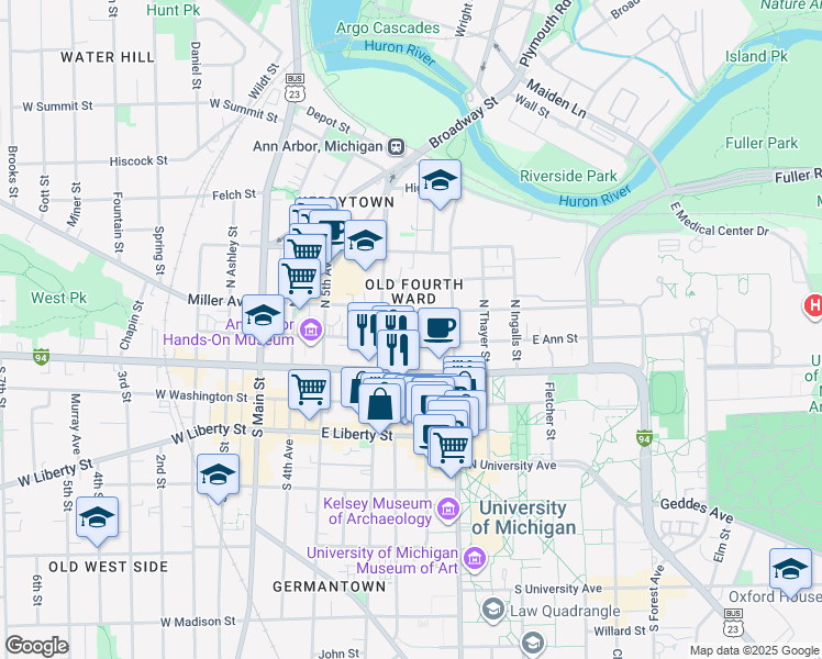 map of restaurants, bars, coffee shops, grocery stores, and more near 520 East Ann Street in Ann Arbor