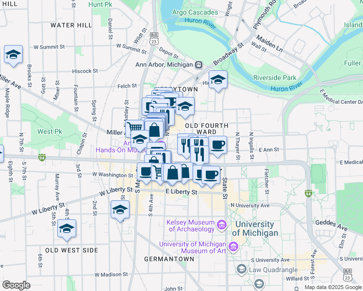 map of restaurants, bars, coffee shops, grocery stores, and more near 301 East Huron Street in Ann Arbor