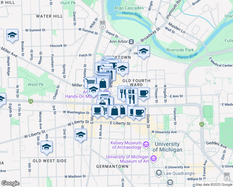 map of restaurants, bars, coffee shops, grocery stores, and more near 301 East Huron Street in Ann Arbor
