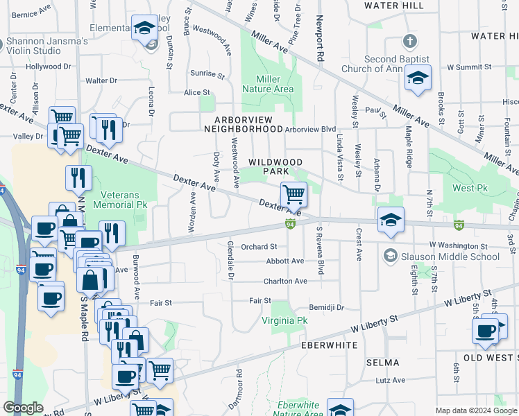 map of restaurants, bars, coffee shops, grocery stores, and more near 1724 Jackson Avenue in Ann Arbor