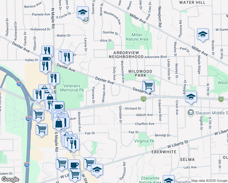 map of restaurants, bars, coffee shops, grocery stores, and more near 112 Allen Drive in Ann Arbor