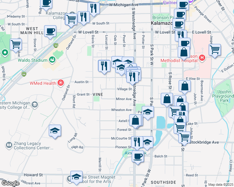 map of restaurants, bars, coffee shops, grocery stores, and more near 612 Minor Avenue in Kalamazoo