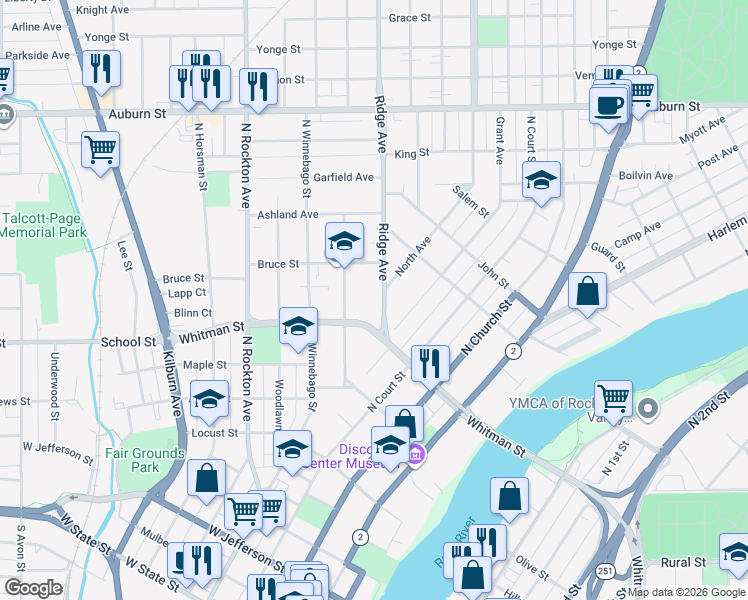 map of restaurants, bars, coffee shops, grocery stores, and more near 918 Ridge Avenue in Rockford