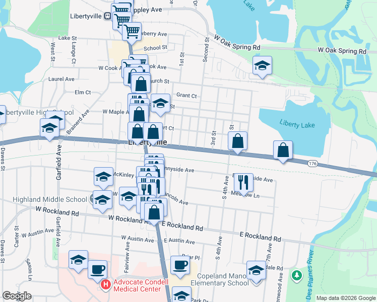 map of restaurants, bars, coffee shops, grocery stores, and more near 341 East Park Avenue in Libertyville