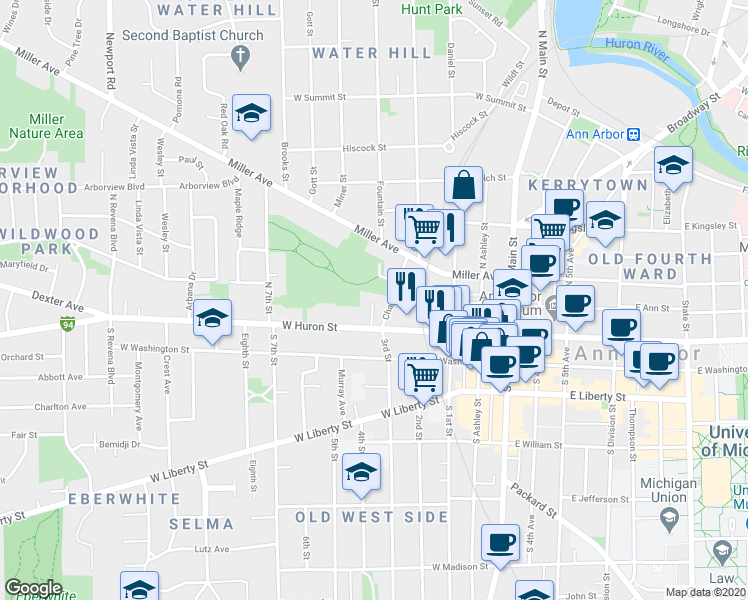 map of restaurants, bars, coffee shops, grocery stores, and more near 6 Parkview Place in Ann Arbor