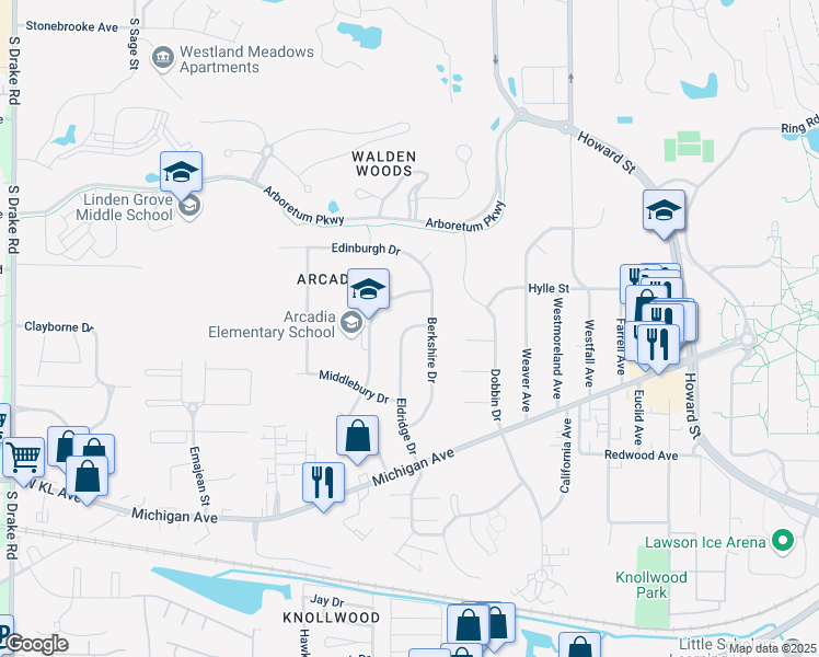 map of restaurants, bars, coffee shops, grocery stores, and more near 949 Eldridge Drive in Kalamazoo