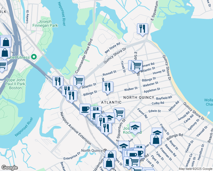 map of restaurants, bars, coffee shops, grocery stores, and more near 47 Newbury Avenue in Quincy