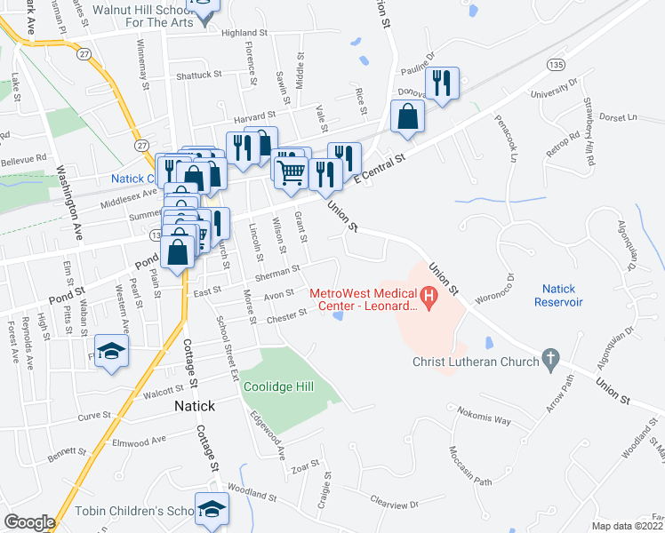 map of restaurants, bars, coffee shops, grocery stores, and more near 6 Sherman Terrace in Natick