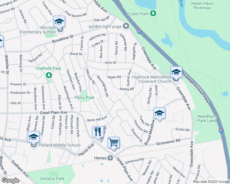 map of restaurants, bars, coffee shops, grocery stores, and more near 177 Thornton Road in Needham