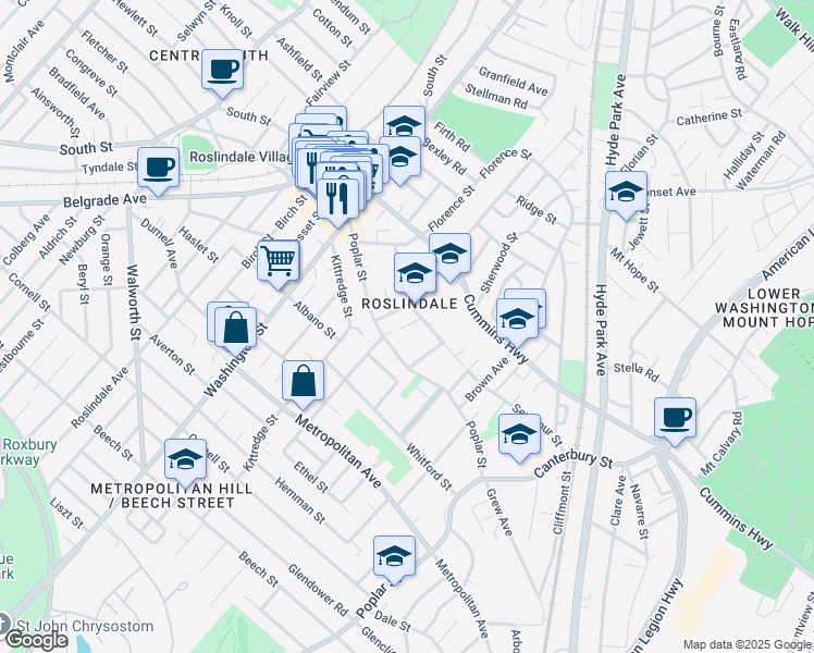 map of restaurants, bars, coffee shops, grocery stores, and more near 204 Poplar Street in Boston