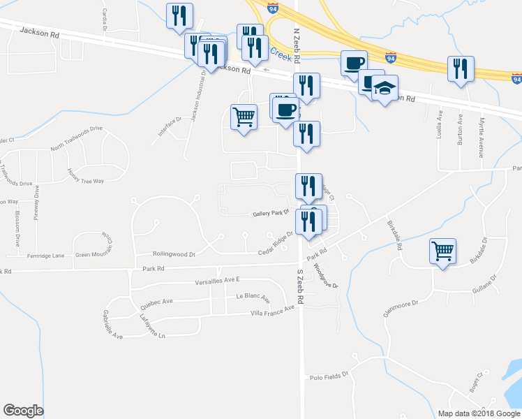 map of restaurants, bars, coffee shops, grocery stores, and more near 5532 Gallery Park Drive in Ann Arbor